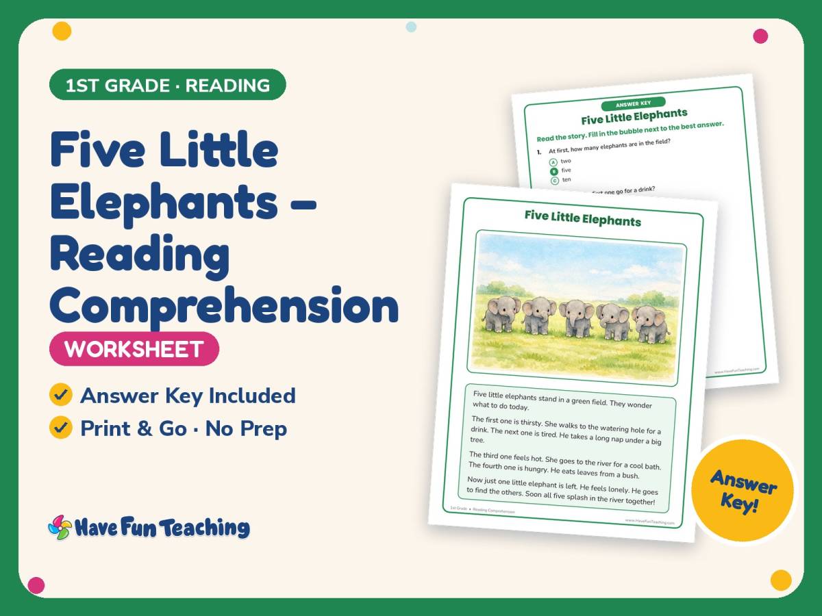Five Little Elephants – Reading Comprehension Worksheet – 1st Grade preview