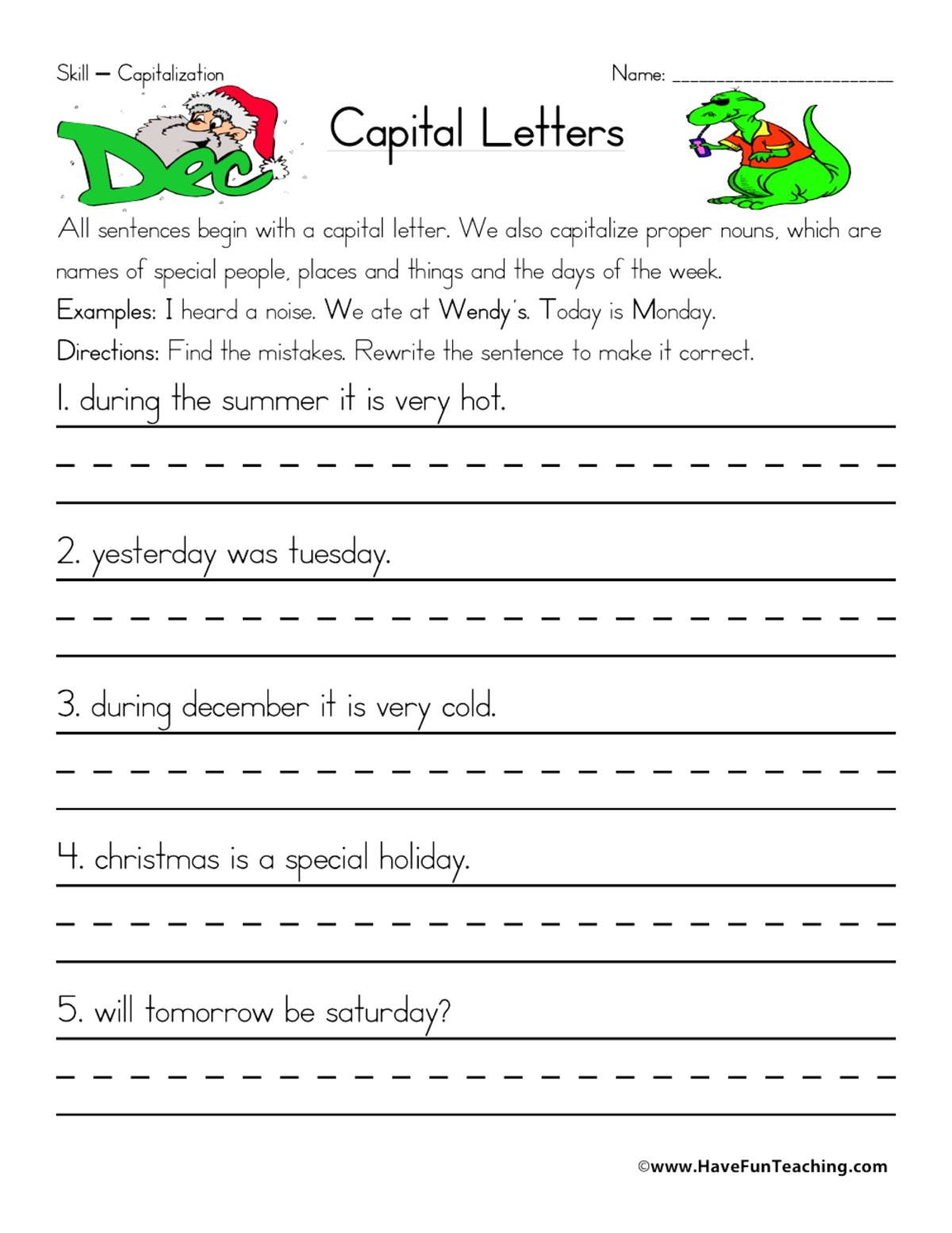 An educational teaching resource from Have Fun Teaching entitled Fixing Capitalization Errors Worksheet downloadable at Teach Simple.