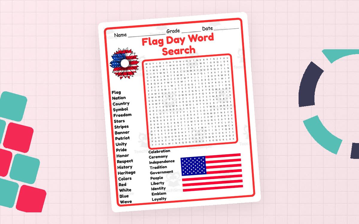 An educational teaching resource from Classsim entitled Flag Day Word Search 2nd 3rd 4th 5th Grade Worksheet Activity downloadable at Teach Simple.