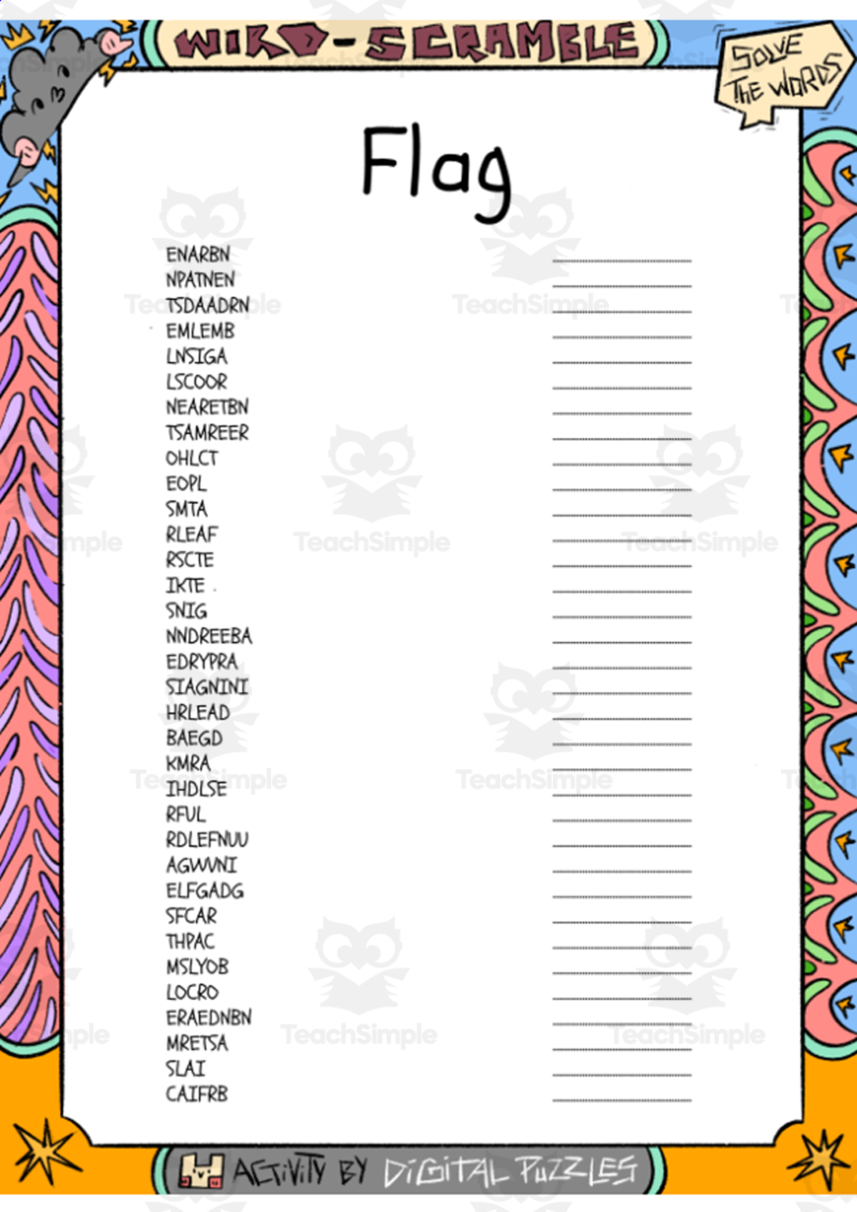 An educational teaching resource from Lapiiin Art Activities entitled Flag word Scramble puzzle worksheet downloadable at Teach Simple.