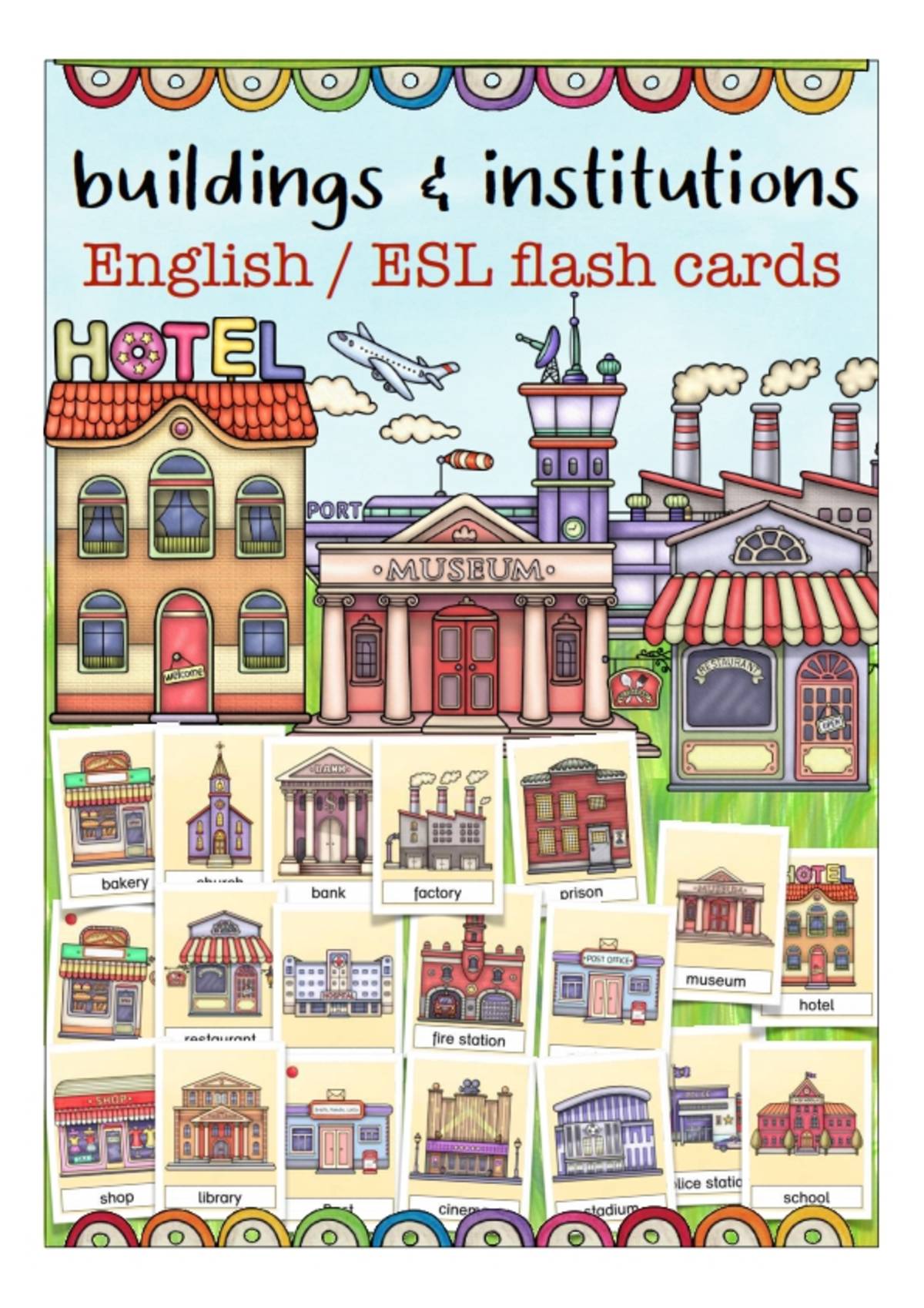 An educational teaching resource from Better Teaching Resources entitled Flash Cards: Buildings & Instituions downloadable at Teach Simple.