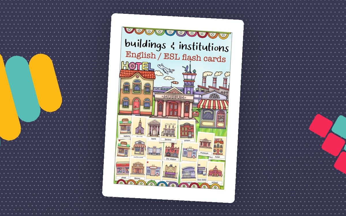 An educational teaching resource from Better Teaching Resources entitled Flash Cards: Buildings & Instituions downloadable at Teach Simple.