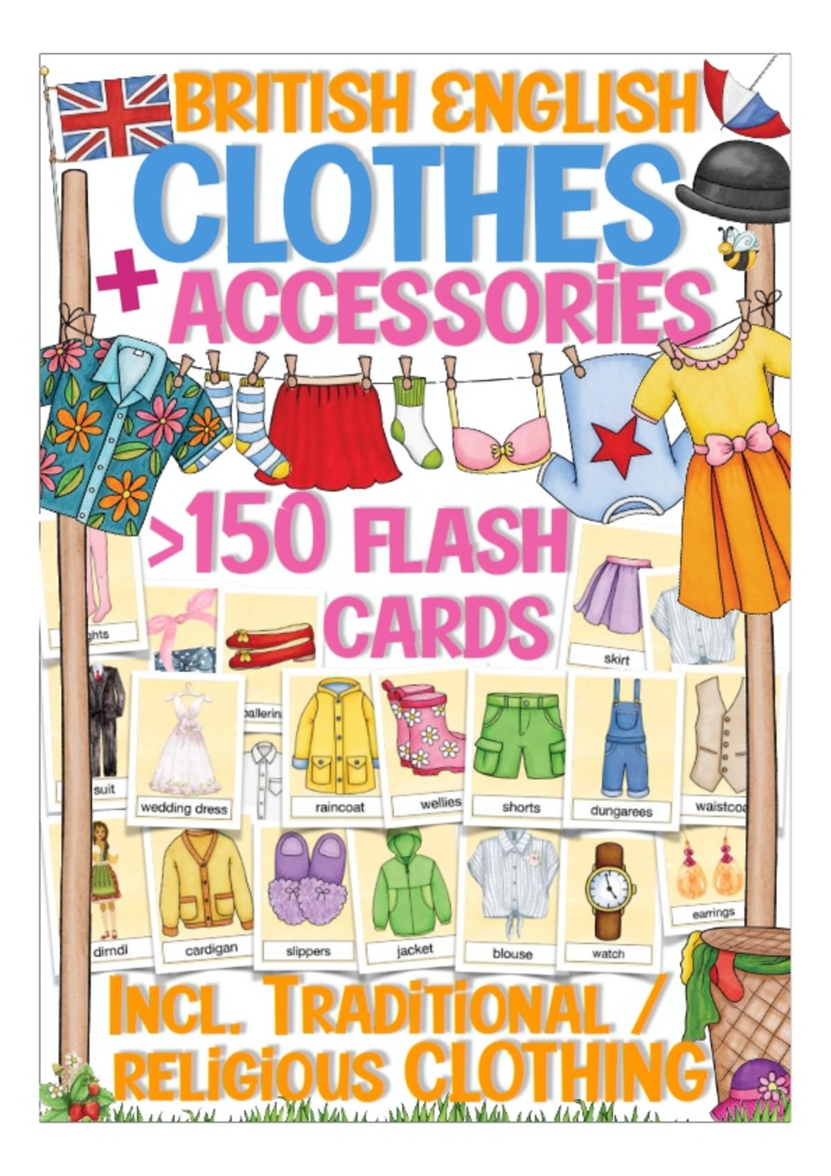 An educational teaching resource from Better Teaching Resources entitled Flash Cards: Clothes & Accessories (British English) downloadable at Teach Simple.