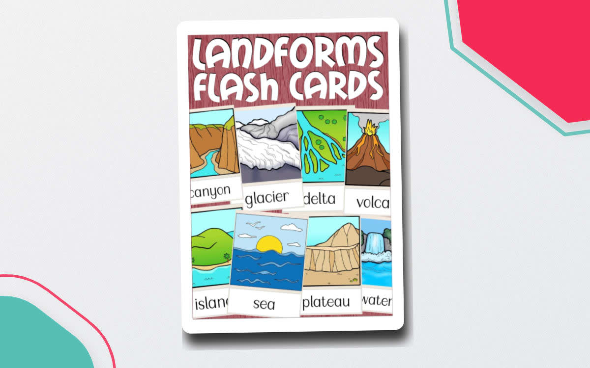 An educational teaching resource from Better Teaching Resources entitled Landforms Flashcards – 30 Geography Cards downloadable at Teach Simple.