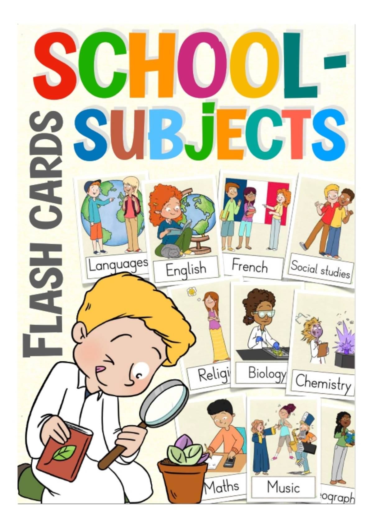 An educational teaching resource from Better Teaching Resources entitled Flash Cards: School Subjects downloadable at Teach Simple.