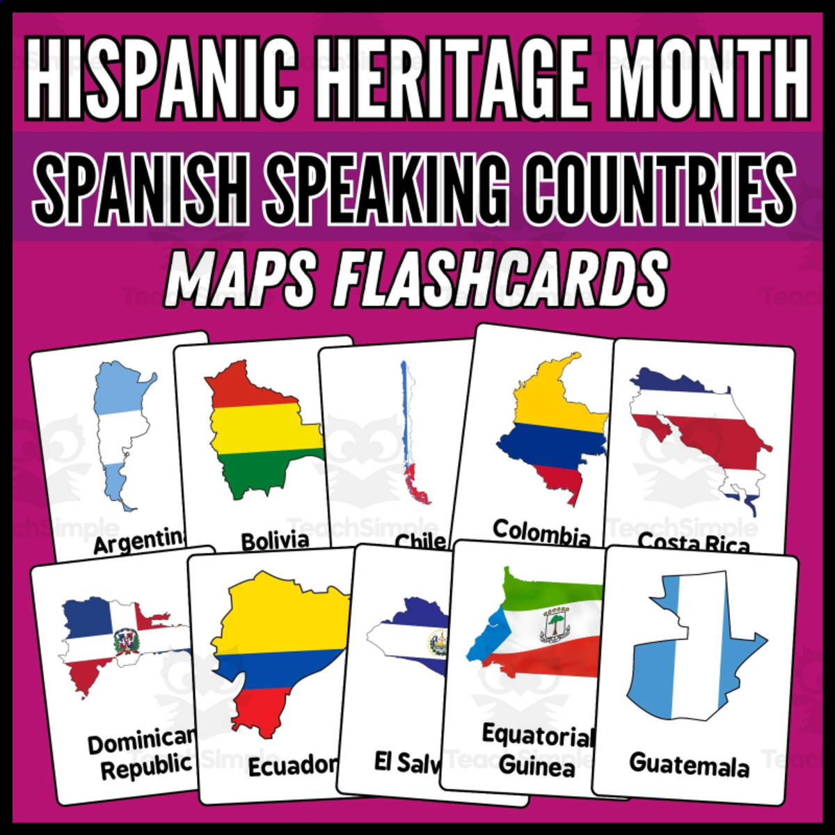 An educational teaching resource from Wonderland School entitled Flashcards | 21 Spanish Speaking Countries Cards downloadable at Teach Simple.