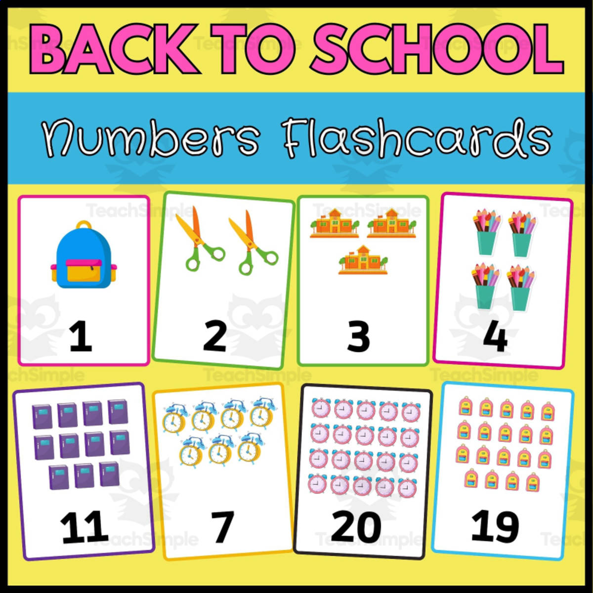 An educational teaching resource from Wonderland School entitled Flashcards: Math Number 1-20 Flash Cards Back to School Theme downloadable at Teach Simple.