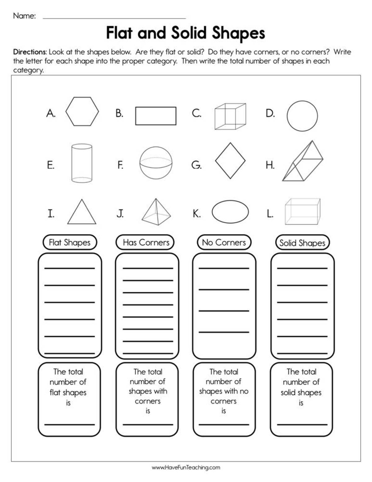 An educational teaching resource from Have Fun Teaching entitled Flat and Solid Shapes Worksheet downloadable at Teach Simple.