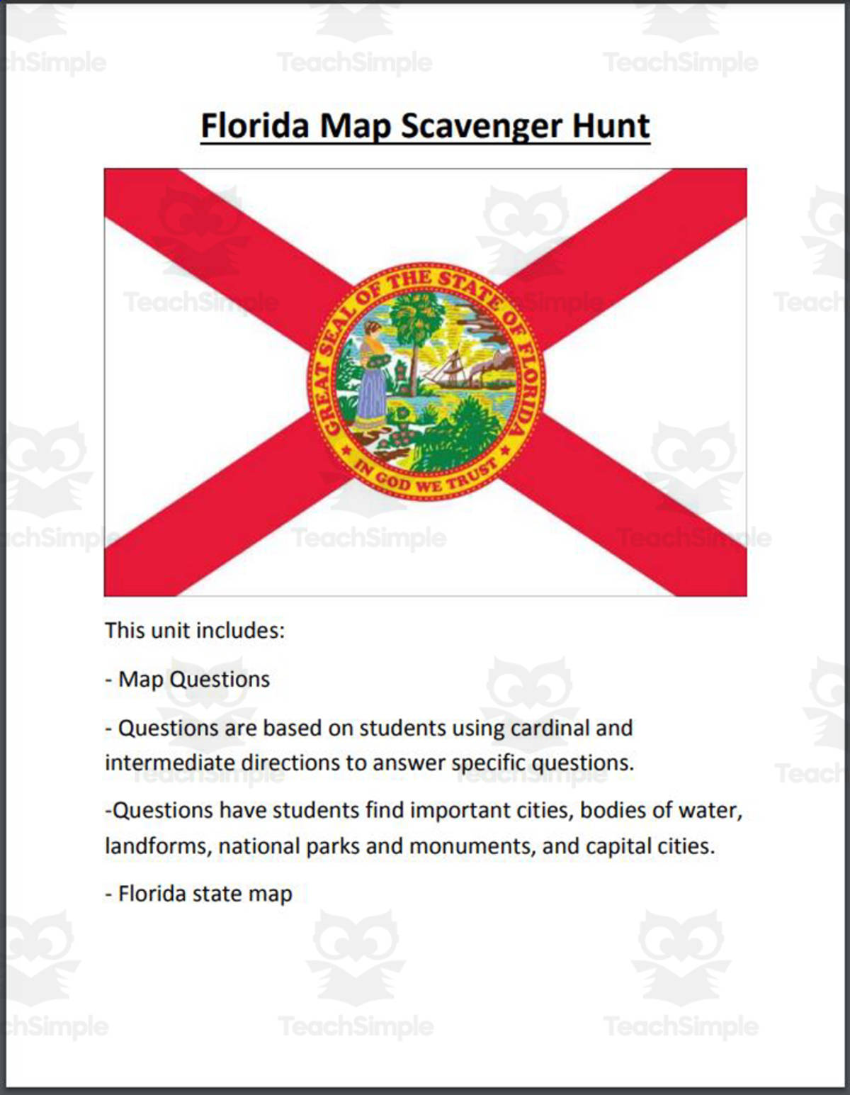 An educational teaching resource from Mr. Matthews Teacher Store entitled Florida Map Scavenger Hunt downloadable at Teach Simple.