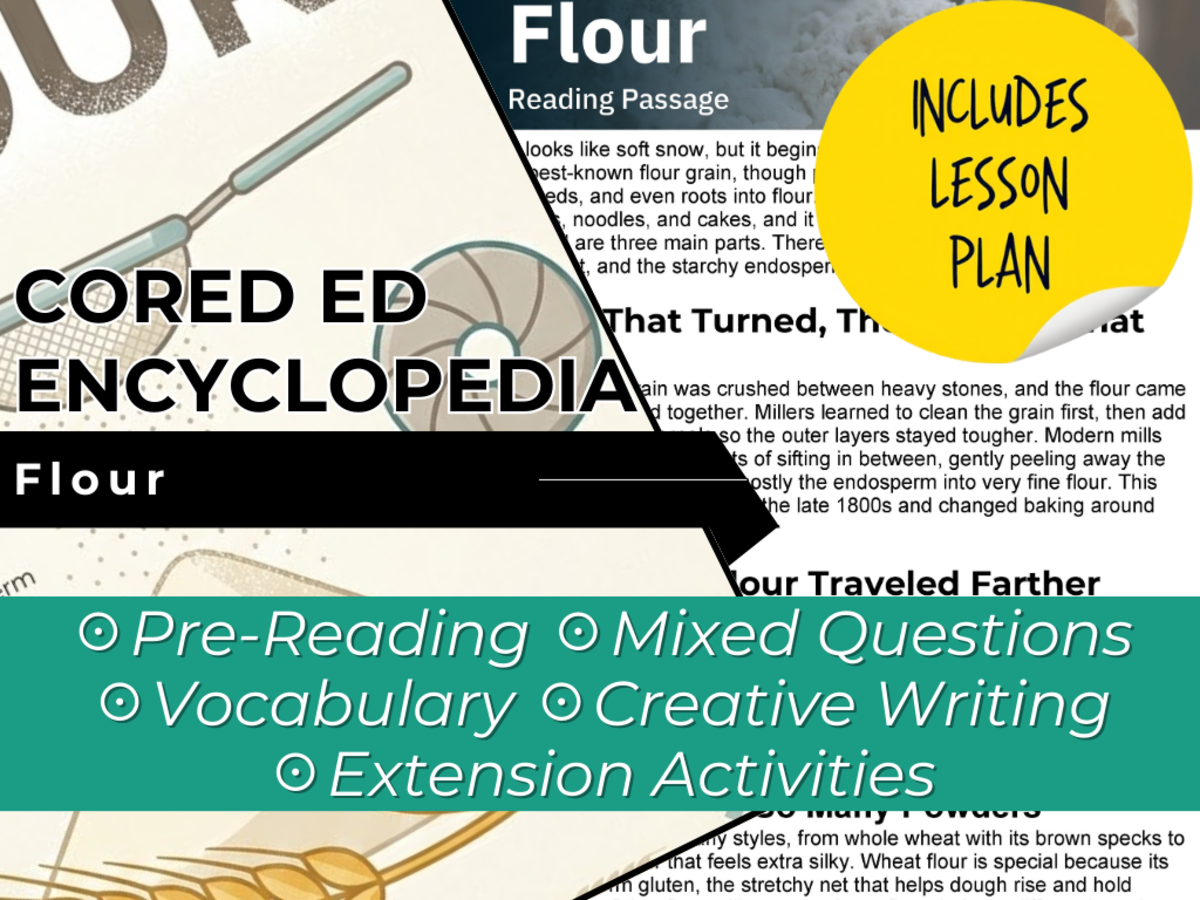 An educational teaching resource from Cored Education entitled Flour Reading Comprehension Passage - Cored Ed Encyclopedia downloadable at Teach Simple.