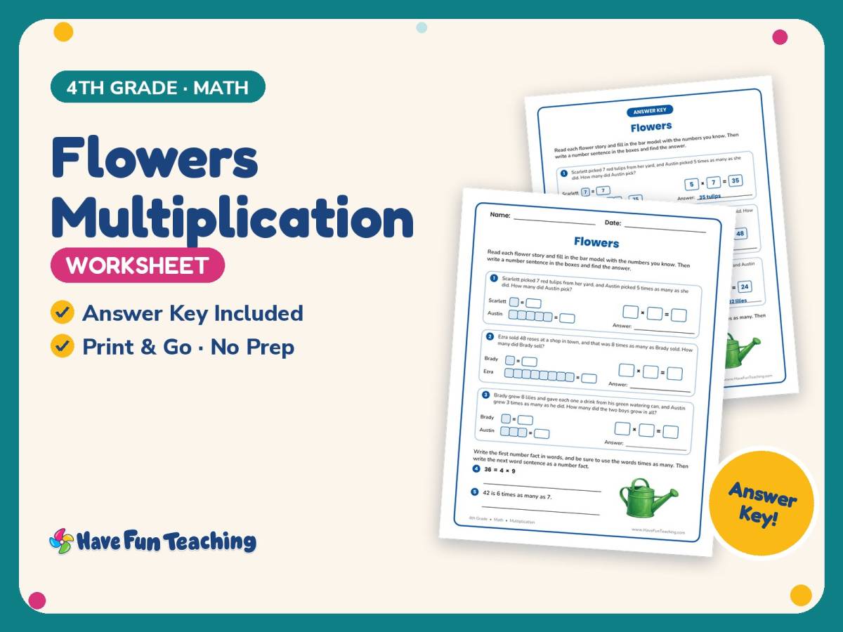 Flowers Multiplication Worksheet – 4th Grade Word Problems Practice preview