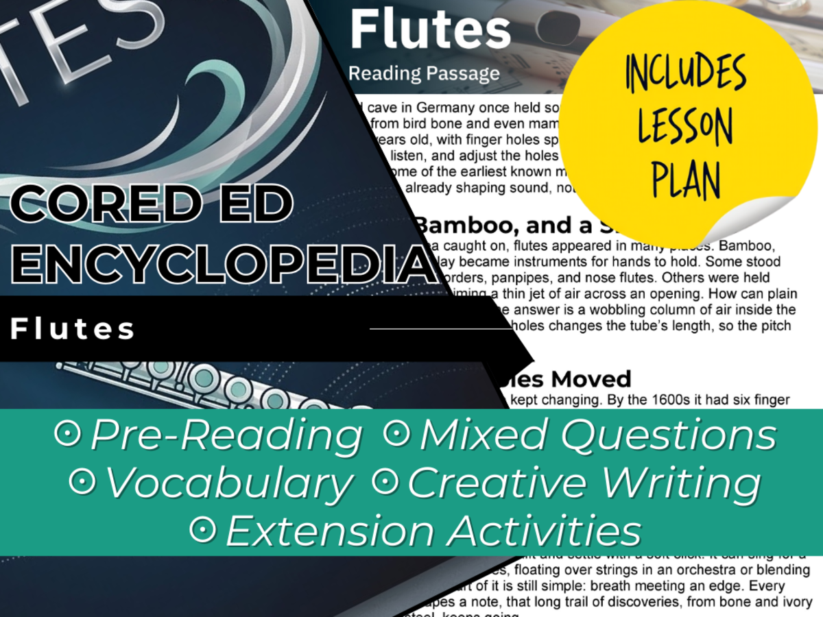 An educational teaching resource from Cored Education entitled Flutes Reading Comprehension Passage - Cored Ed Encyclopedia downloadable at Teach Simple.