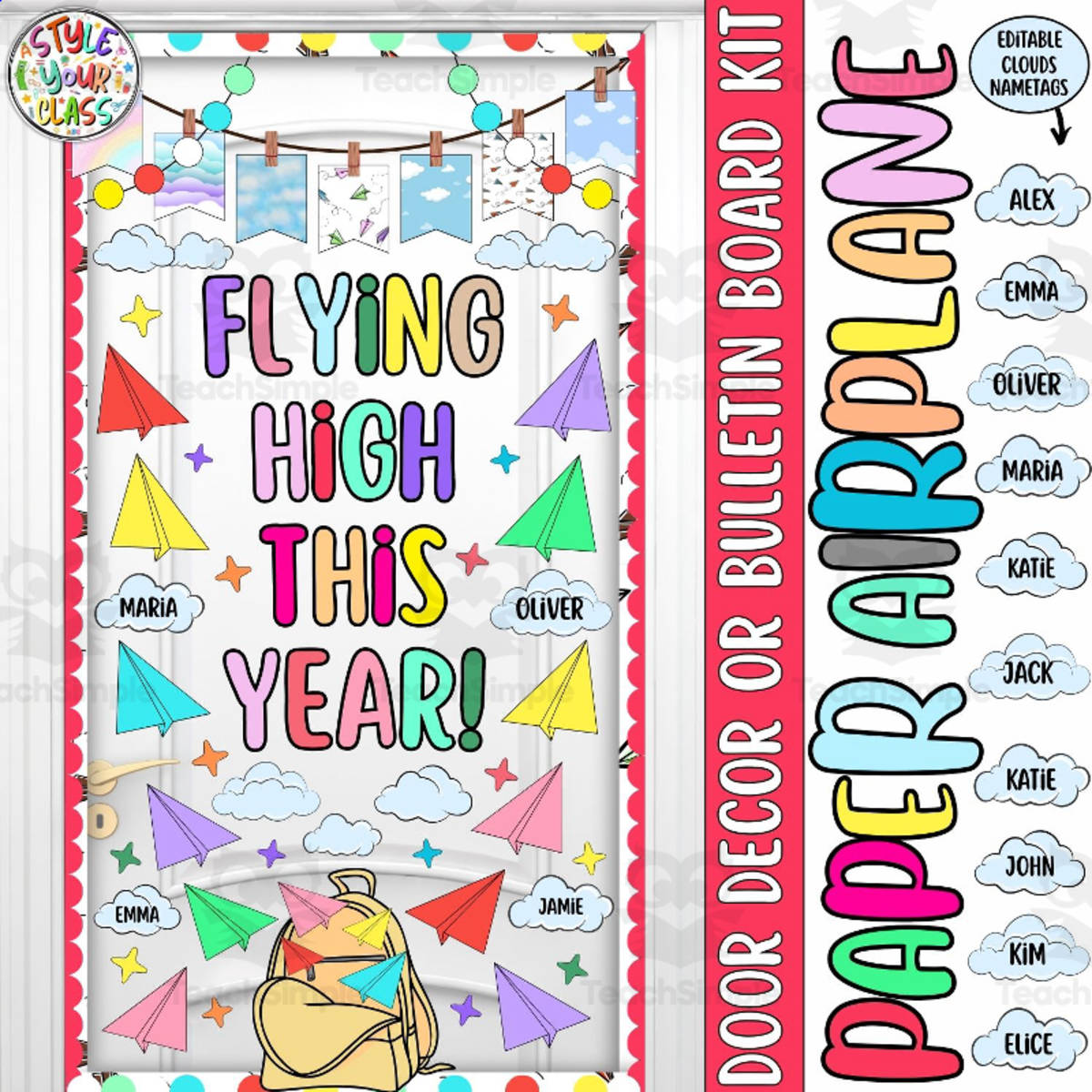 An educational teaching resource from Style Your Classroom entitled Flying High This Year!: Airplane New Year Door Decor or Bulletin board downloadable at Teach Simple.
