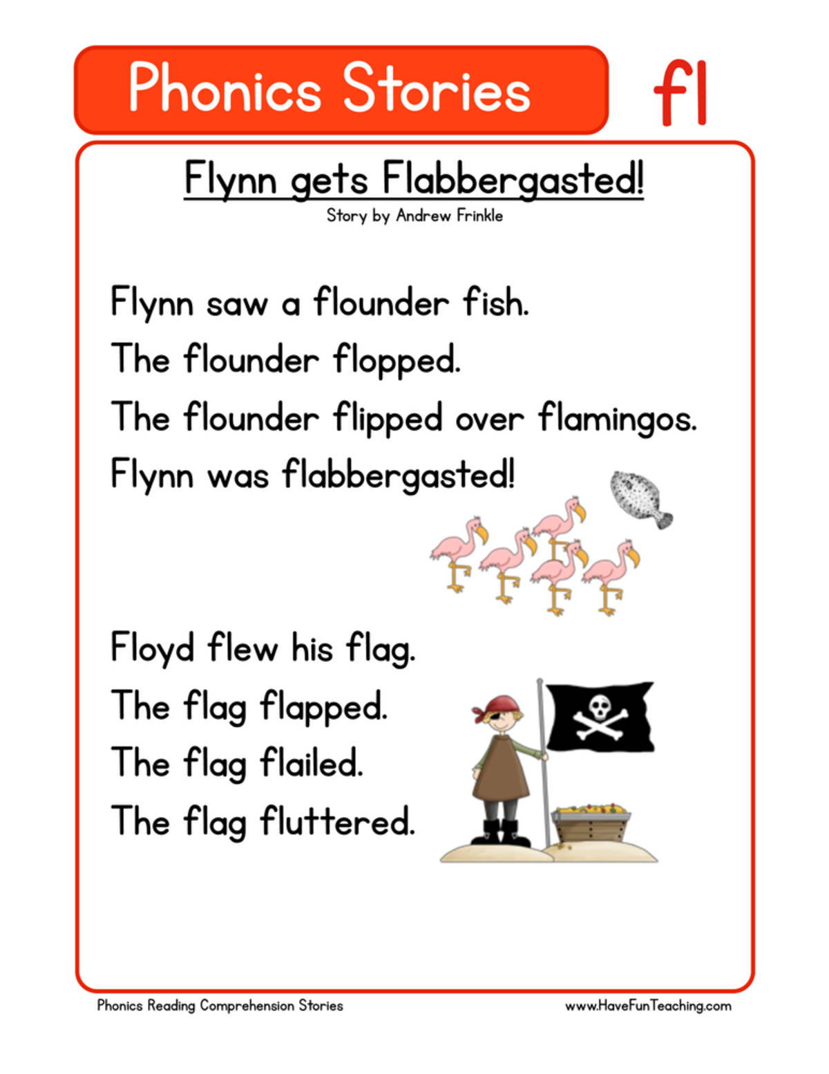 An educational teaching resource from Have Fun Teaching entitled Flynn Gets Flabbergasted FL Phonics Stories Reading Comprehension Worksheet downloadable at Teach Simple.