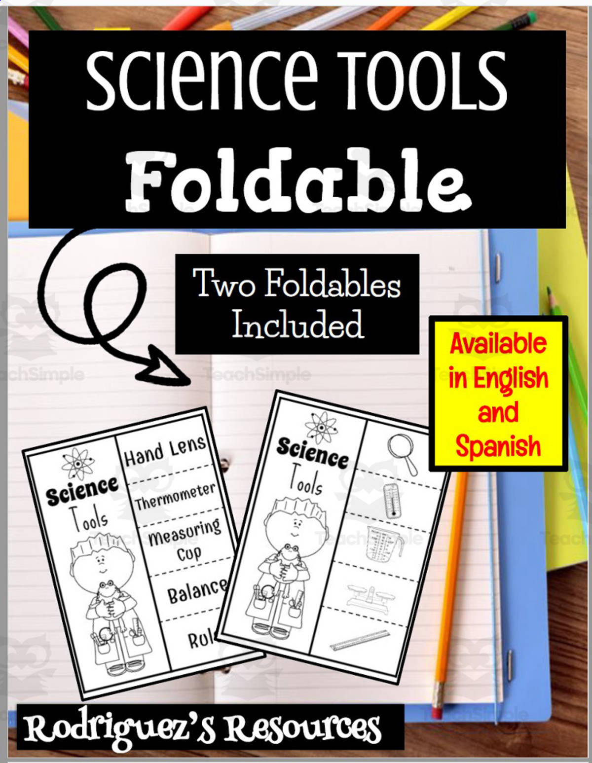 An educational teaching resource from Rodriguez's Resources entitled Foldable: Science Tools (Spanish and English) downloadable at Teach Simple.
