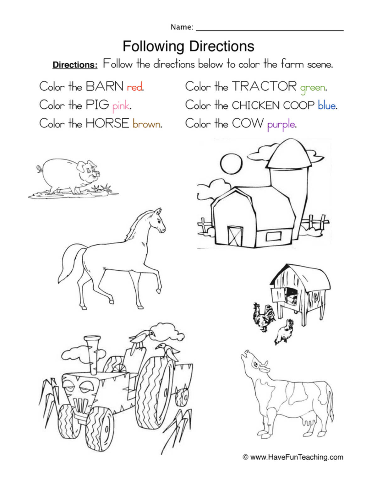 An educational teaching resource from Have Fun Teaching entitled Following Directions Coloring Worksheet downloadable at Teach Simple.