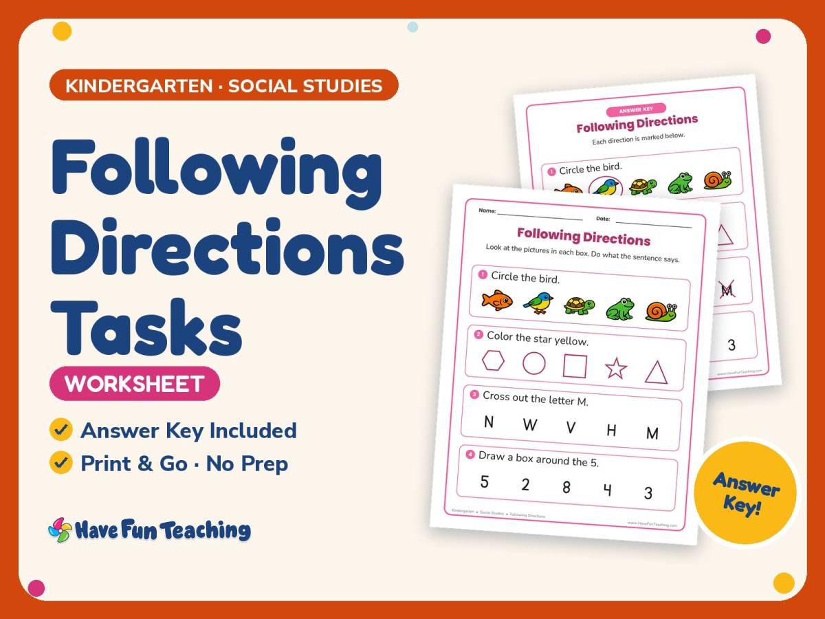 Following Directions Tasks Worksheet – Kindergarten Social Studies preview