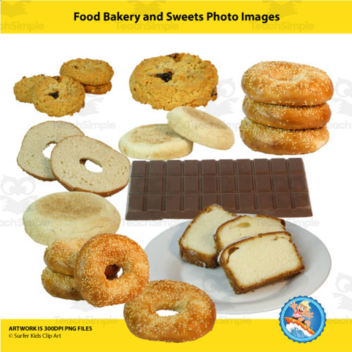 An educational teaching resource from Surfer Kids Clip Art entitled Food: Bakery and Sweets Clipart downloadable at Teach Simple.