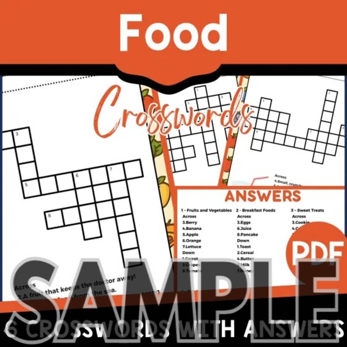 An educational teaching resource from Cored Education entitled Food Crossword: 1 Page Sample (PDF) downloadable at Teach Simple.