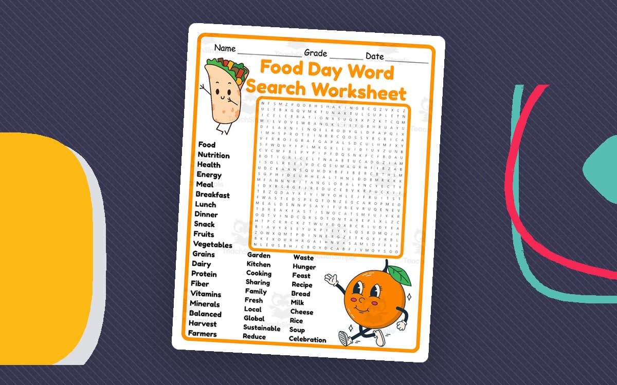 An educational teaching resource from Classsim entitled Food Day word search 2rd 3th 4th 5th Grade worksheet activity downloadable at Teach Simple.