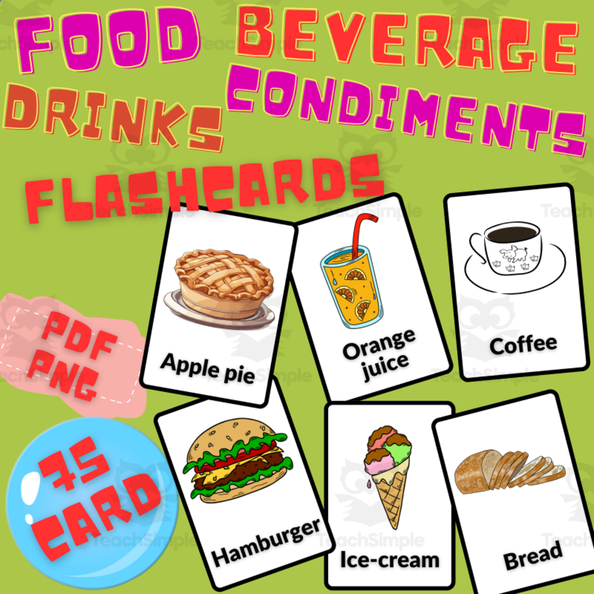 An educational teaching resource from Homeschoolingprints entitled Food Drinks Beverages Condiments Flashcards In English downloadable at Teach Simple.