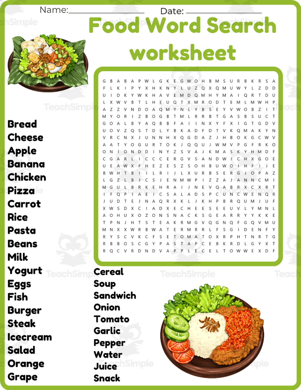 An educational teaching resource from space shope entitled Food Word Search worksheet activity downloadable at Teach Simple.