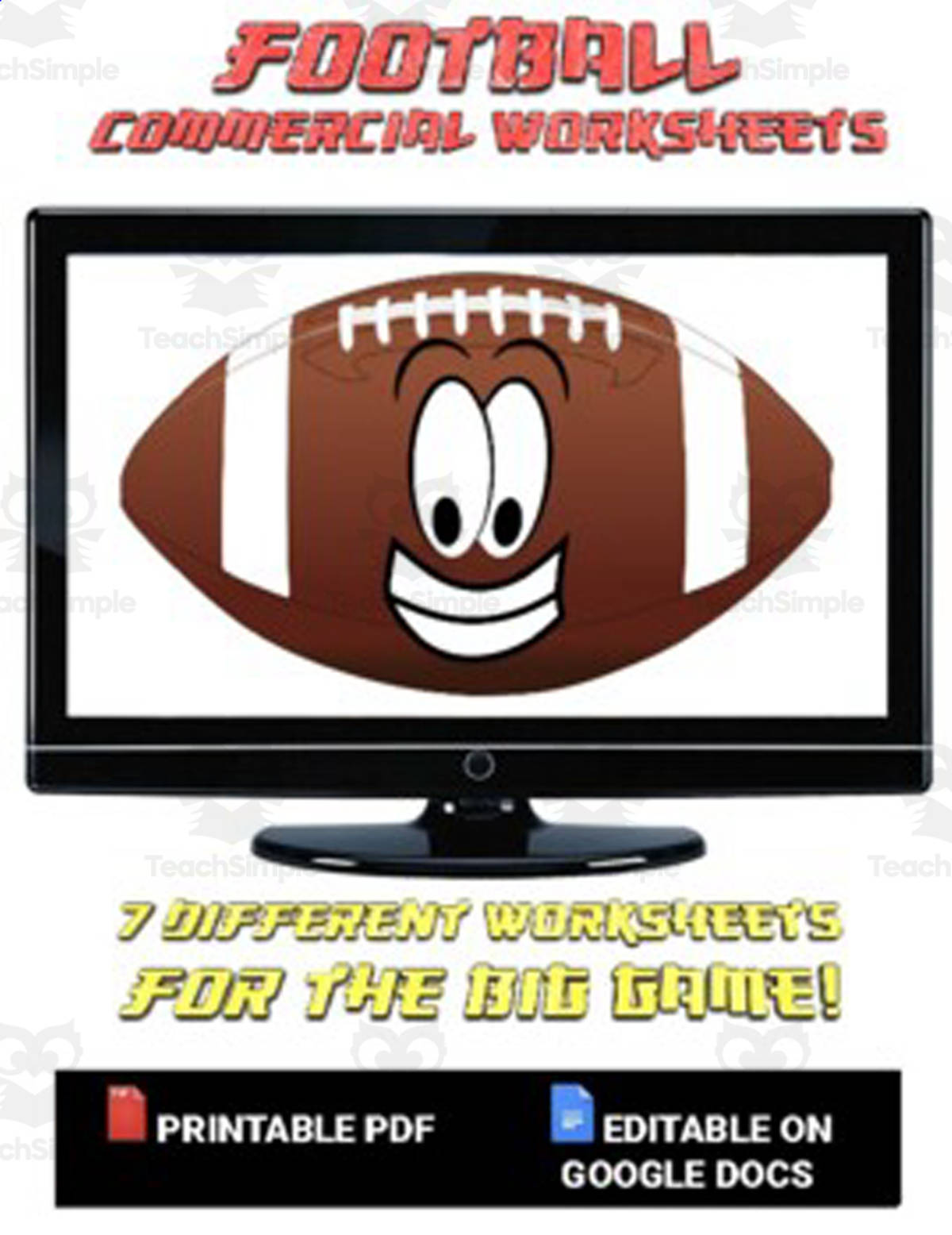 An educational teaching resource from Roombop entitled Football Commercial Worksheets (Editable in Google Docs) downloadable at Teach Simple.