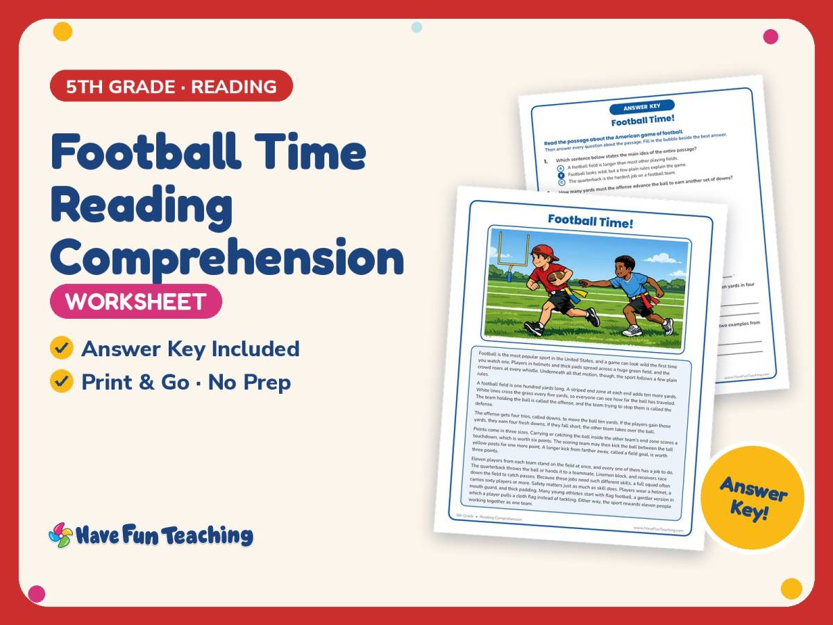 Football Time Reading Comprehension Worksheet – 5th Grade Sports preview