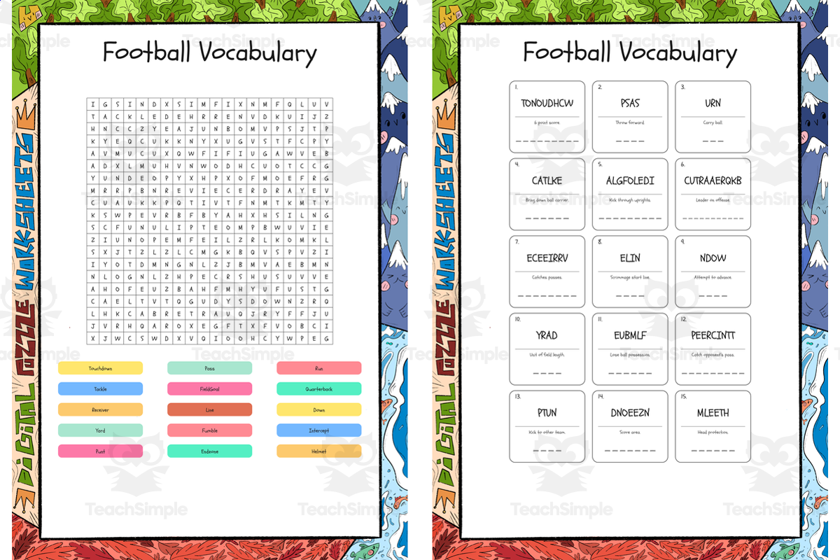 An educational teaching resource from Lapiiin Art Activities entitled Football Vocabulary word search, scramble and crossword puzzle downloadable at Teach Simple.