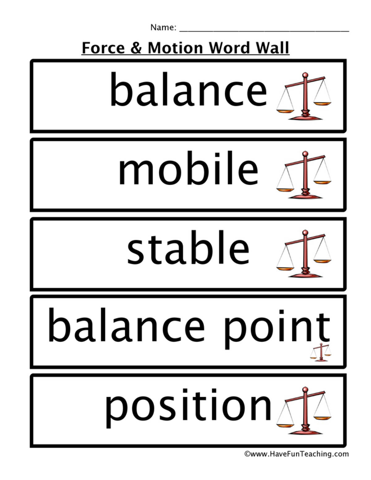 An educational teaching resource from Have Fun Teaching entitled Force and Motion Word Wall downloadable at Teach Simple.
