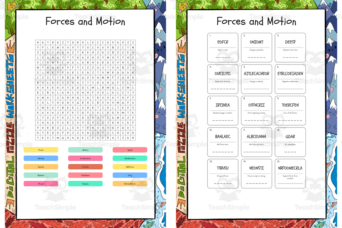 An educational teaching resource from Lapiiin Art Activities entitled Forces and Motion word search, scramble and crossword puzzle downloadable at Teach Simple.