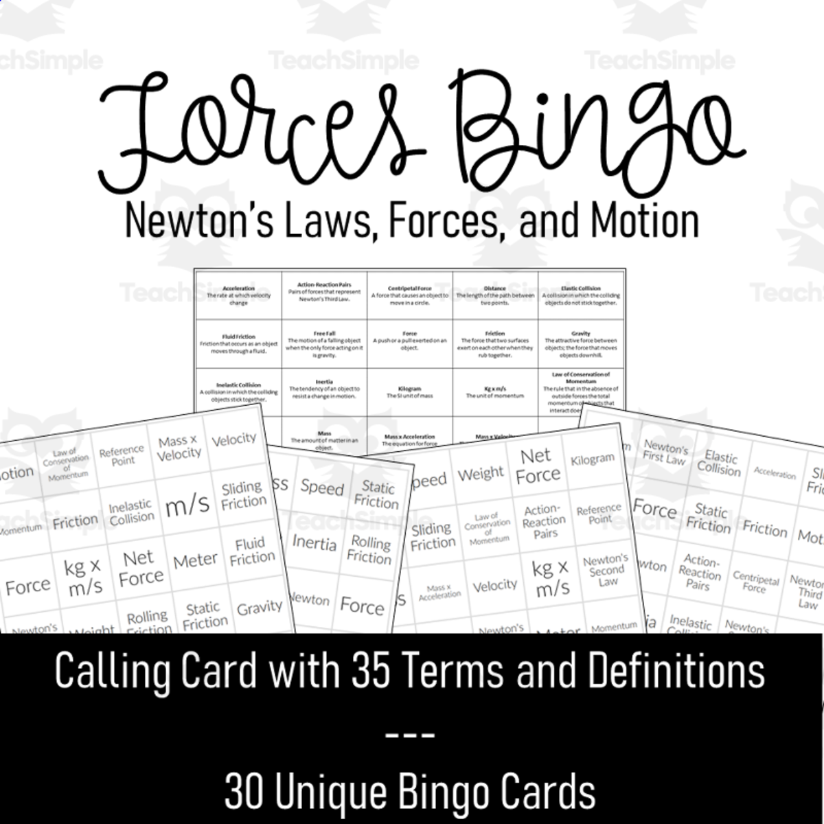 An educational teaching resource from Maude in the Middle entitled Forces Bingo Game downloadable at Teach Simple.