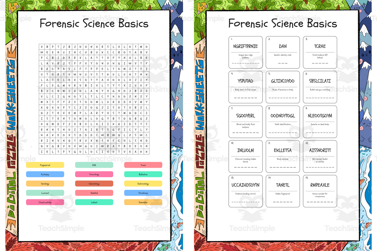 An educational teaching resource from Lapiiin Art Activities entitled Forensic Science Basics word search, scramble and crossword puzzle downloadable at Teach Simple.