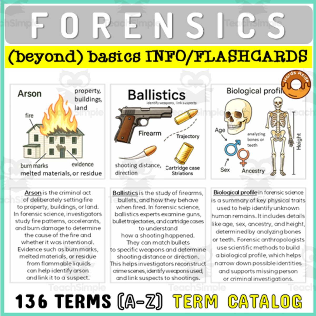 An educational teaching resource from WORDS ASIDE entitled Forensics Criminal Law Terms Info Text Flashcards Catalog downloadable at Teach Simple.