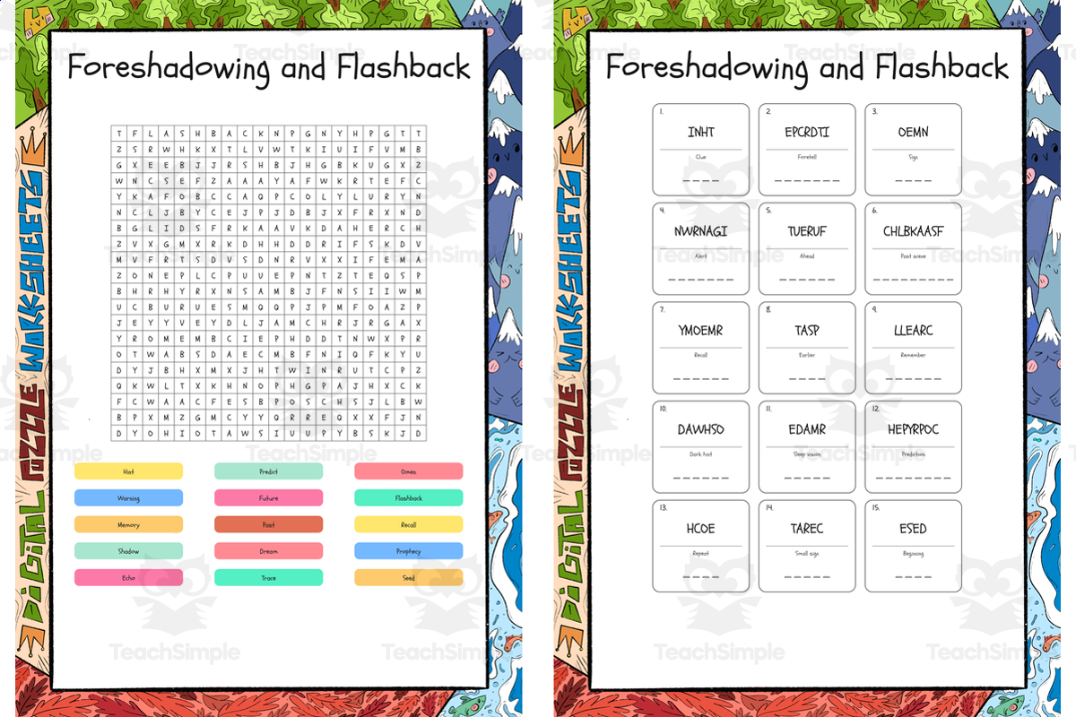 An educational teaching resource from Lapiiin Art Activities entitled Foreshadowing and Flashback word search, scramble and crossword puzzle downloadable at Teach Simple.
