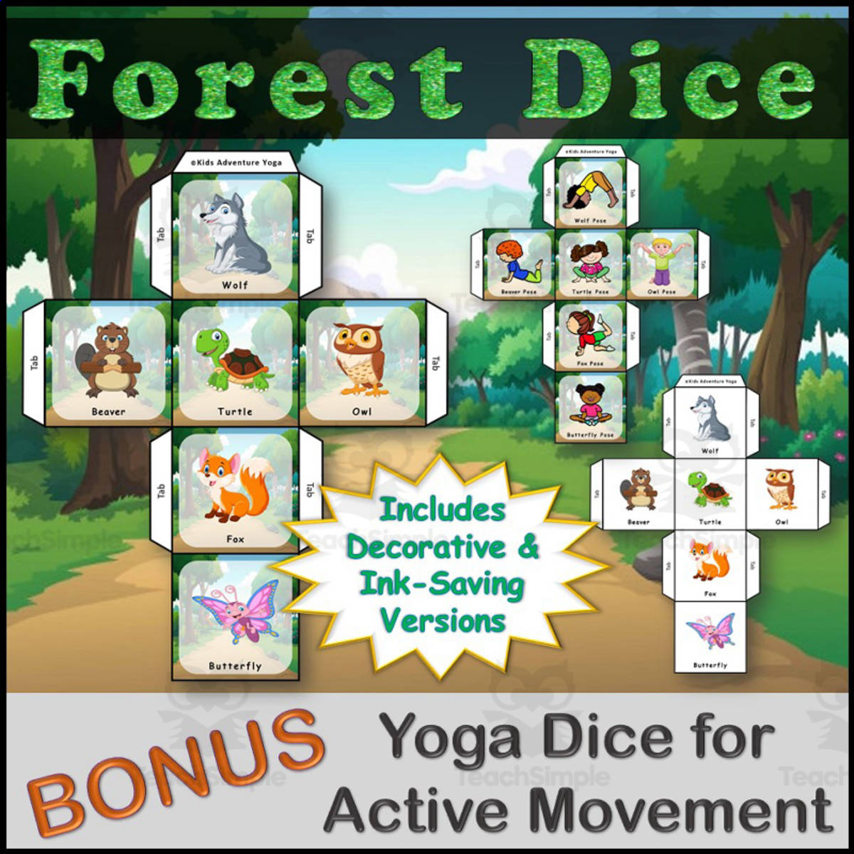 An educational teaching resource from Kids Adventure Yoga entitled Forest Animals Dice Games with Both Picture and Kids Yoga Pose Dice Included downloadable at Teach Simple.