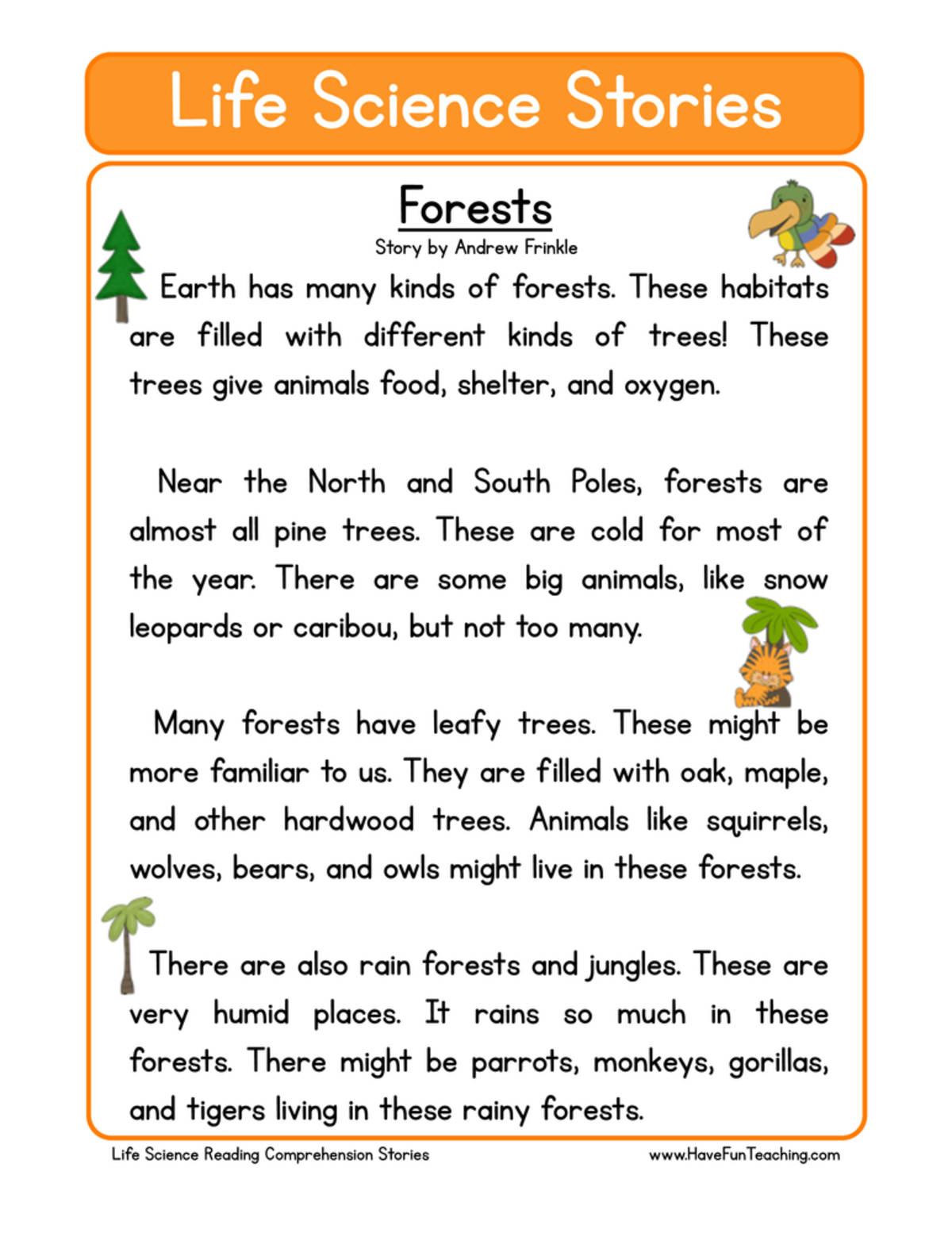 An educational teaching resource from Have Fun Teaching entitled Forests Life Science Reading Comprehension Worksheet downloadable at Teach Simple.
