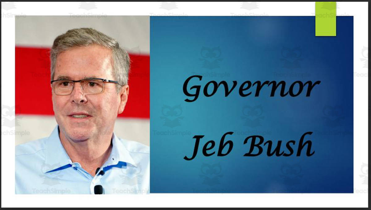An educational teaching resource from Mr. Matthews Teacher Store entitled Former Governor Jeb Bush Biography PowerPoint downloadable at Teach Simple.