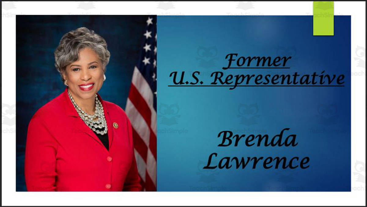 An educational teaching resource from Mr. Matthews Teacher Store entitled Former U.S. Representative Brenda Lawrence (MI) BIO PPT downloadable at Teach Simple.