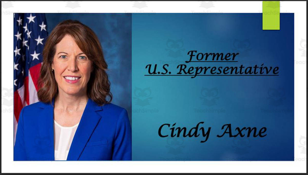 An educational teaching resource from Mr. Matthews Teacher Store entitled Former U.S. Representative Cindy Axne (IA) BIO PPT downloadable at Teach Simple.