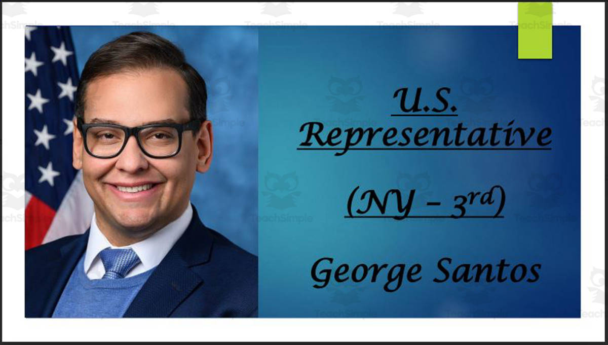 An educational teaching resource from Mr. Matthews Teacher Store entitled Former U.S. Representative George Santos BIO PPT downloadable at Teach Simple.