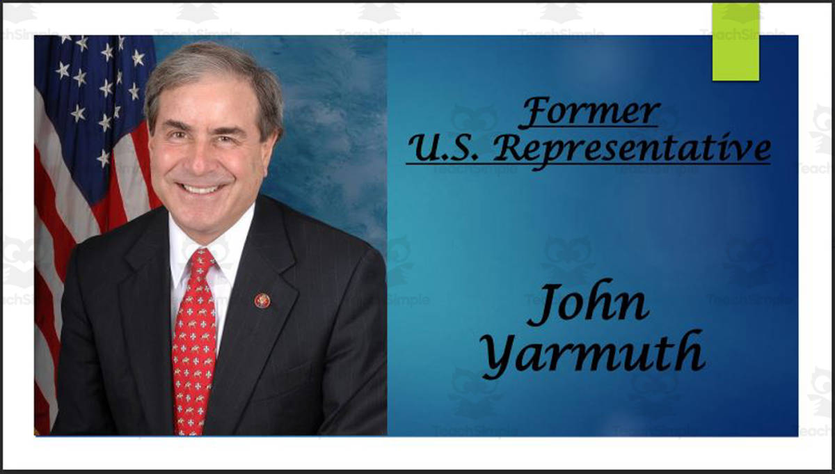 An educational teaching resource from Mr. Matthews Teacher Store entitled Former U.S. Representative John Yarmuth (KY) BIO PPT downloadable at Teach Simple.