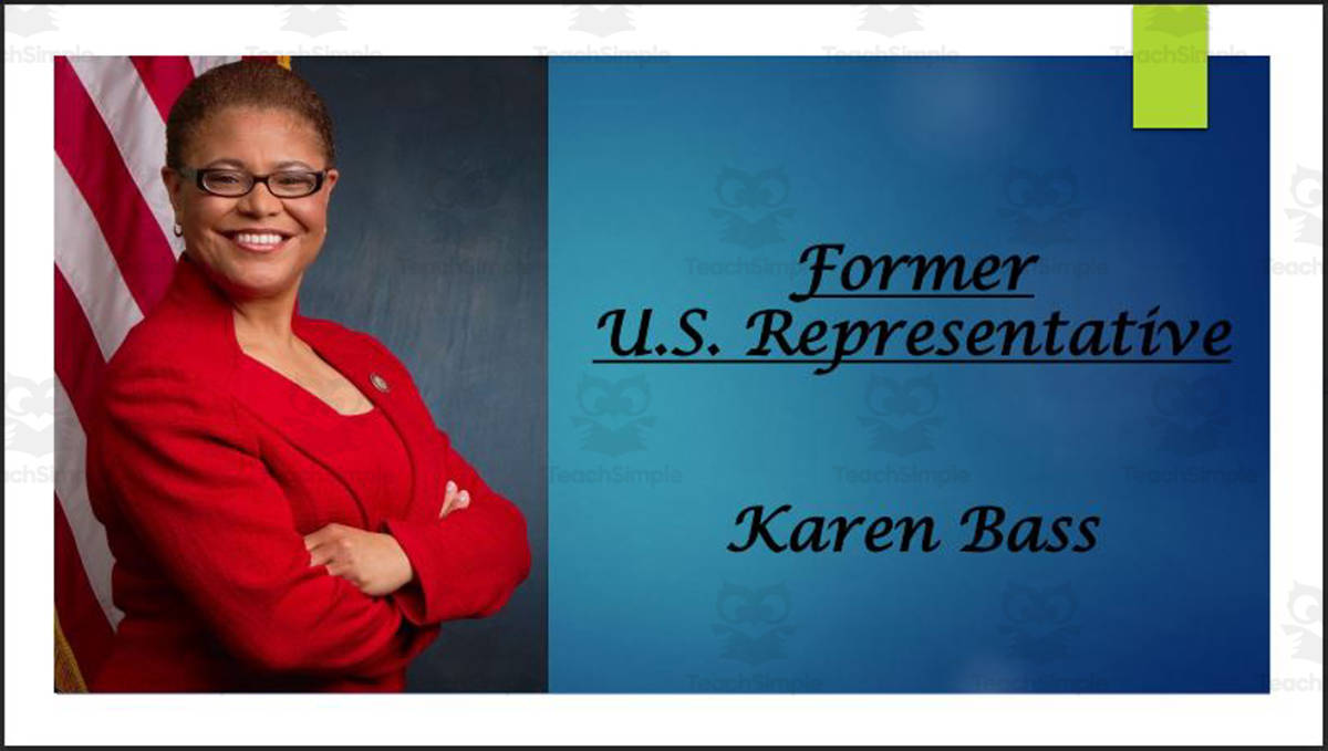 An educational teaching resource from Mr. Matthews Teacher Store entitled Former U.S. Representative Karen Bass (CA) BIO PPT downloadable at Teach Simple.