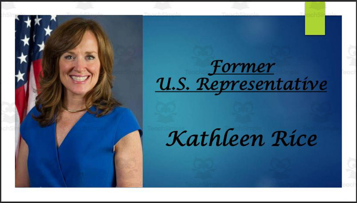 An educational teaching resource from Mr. Matthews Teacher Store entitled Former U.S. Representative Kathleen Rice (NY) BIO PPT downloadable at Teach Simple.