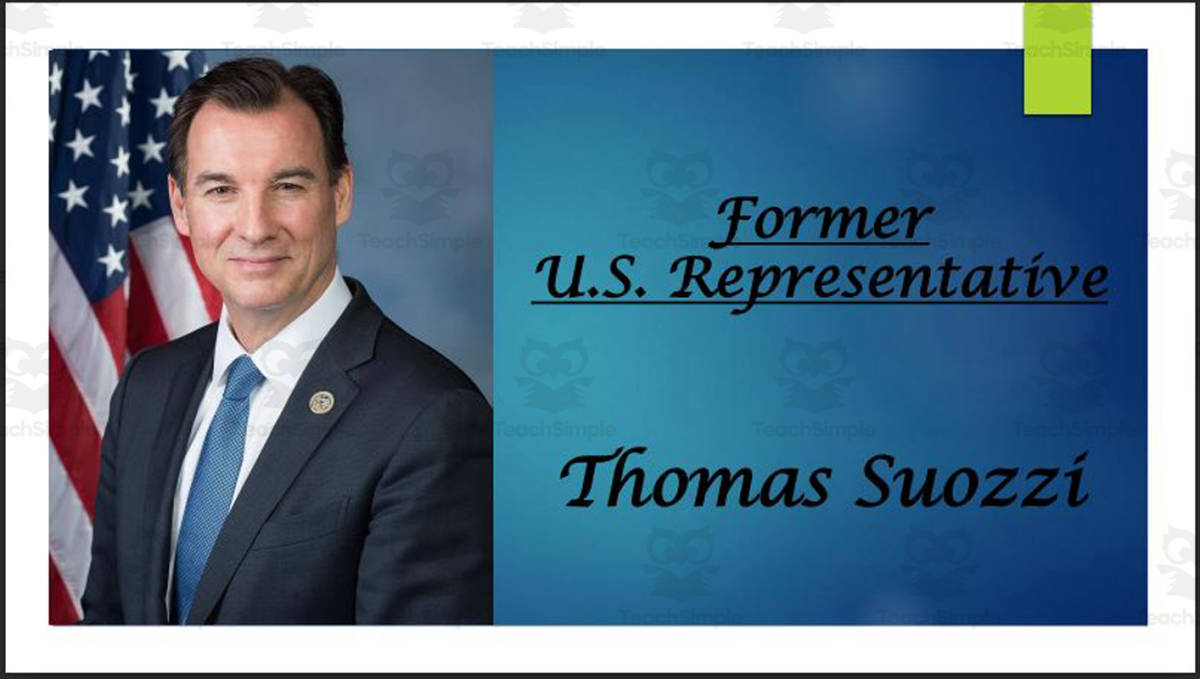 An educational teaching resource from Mr. Matthews Teacher Store entitled Former U.S. Representative Thomas Suozzi (NY) BIO PPT downloadable at Teach Simple.