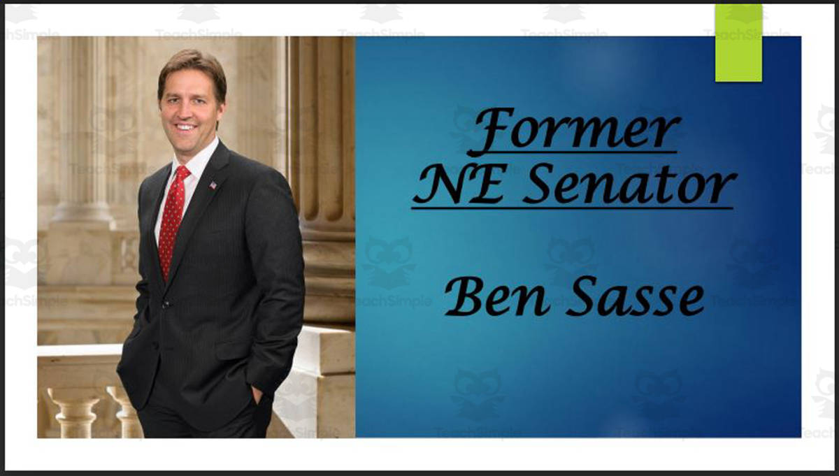An educational teaching resource from Mr. Matthews Teacher Store entitled Former U.S. Senator Ben Sasse (NE) Biography PowerPoint downloadable at Teach Simple.