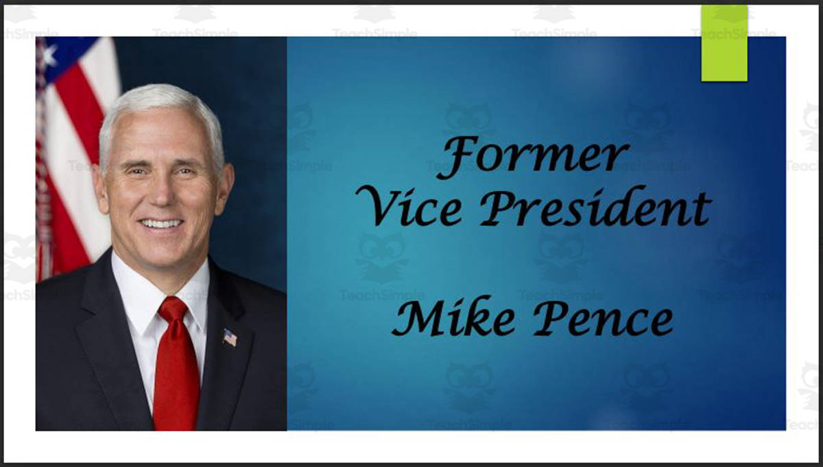 An educational teaching resource from Mr. Matthews Teacher Store entitled Former Vice President Mike Pence Biography PowerPoint downloadable at Teach Simple.