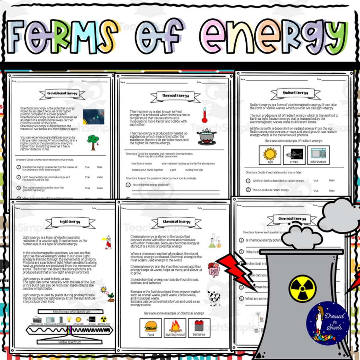 An educational teaching resource from Soumara Siddiqui entitled Forms of Energy Work Packet downloadable at Teach Simple.