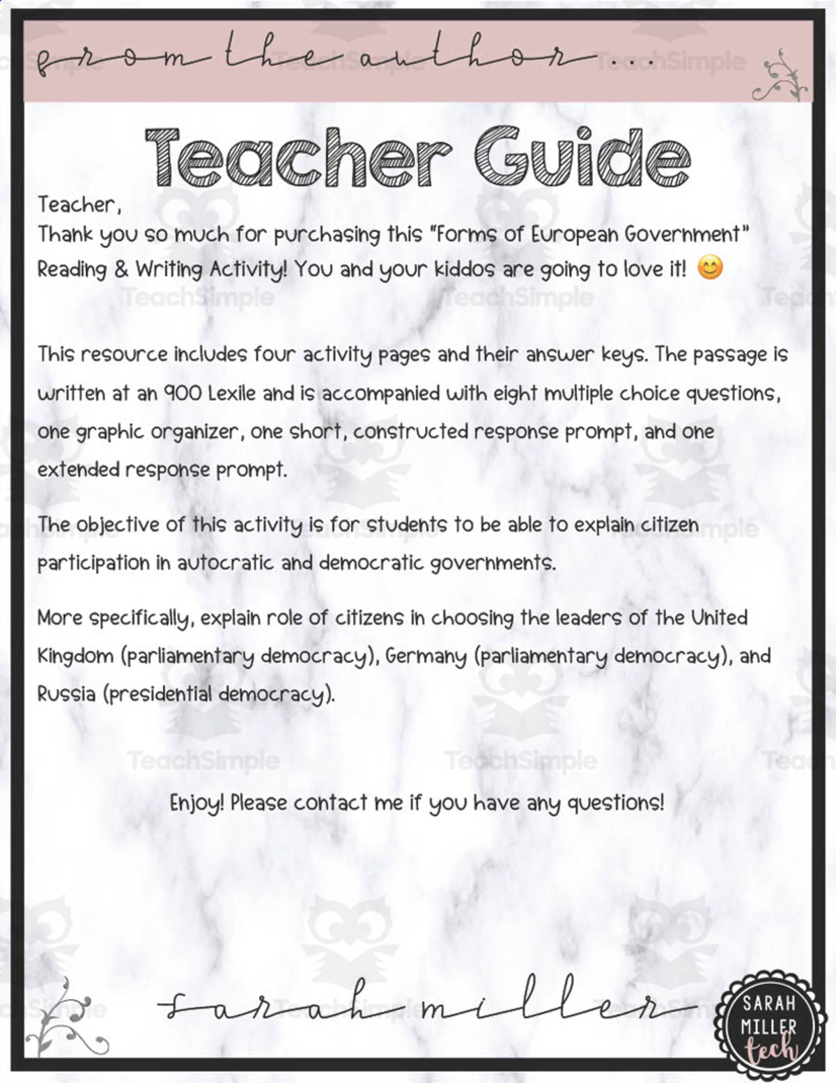 An educational teaching resource from Sarah Miller Tech entitled Forms of European Government Reading Packet downloadable at Teach Simple.