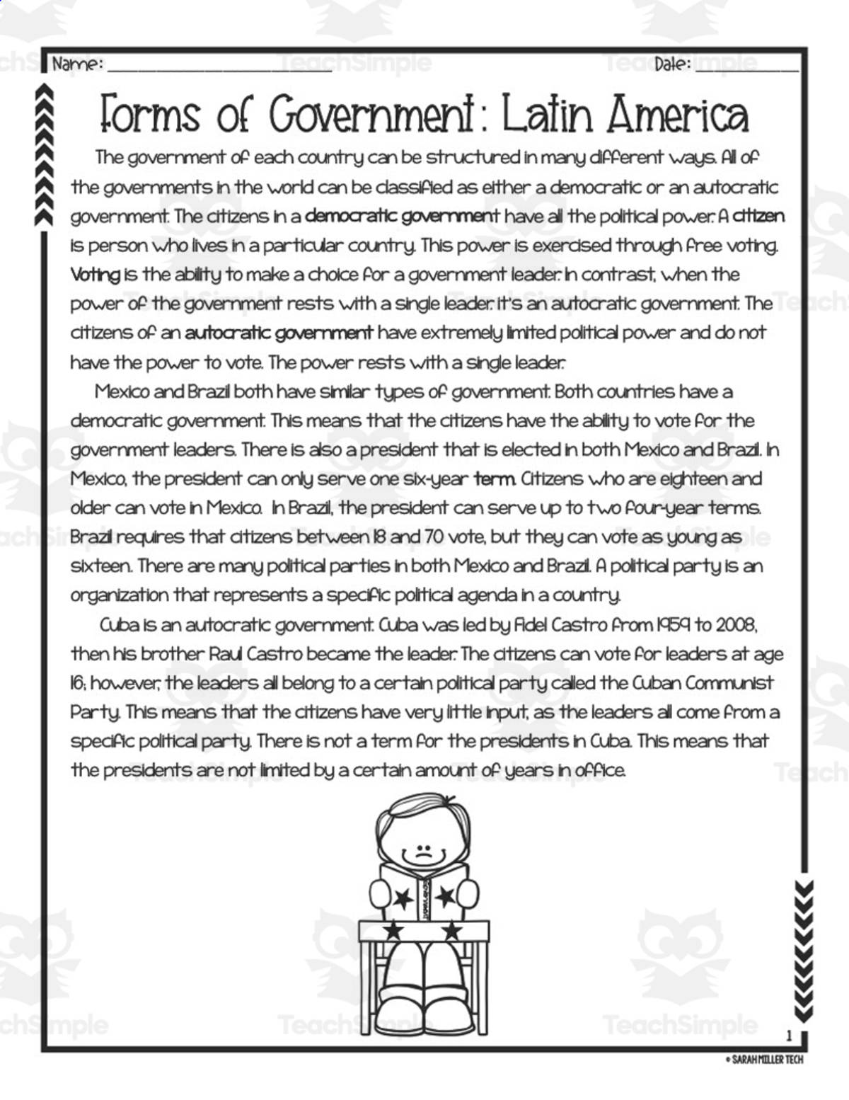 An educational teaching resource from Sarah Miller Tech entitled Forms of Government in Latin America Reading Packet downloadable at Teach Simple.